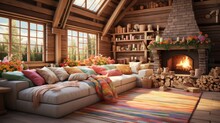 Cozy Living Room Interior With Fireplace And Large Windows