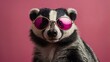 A humorous portrait of a badger wearing oversized pink-tinted sunglasses, captured against a pink background