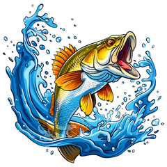 Wall Mural - Big bass fish cartoon vector for tshirt design isolated on transparent background