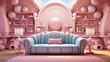 A pink and blue living room with a couch, pink bookshelves, and pink lamps.