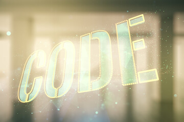 Poster - Code word hologram on empty corporate office background, artificial intelligence and neural networks concept. Multiexposure