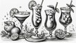 Black and white engrave isolated drink set illustration