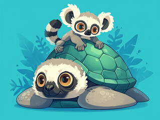 A turtle and a baby lemur are sitting on top of a turtle shell