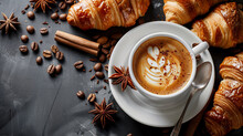 Cup Of Cappuccino With Cinnamon And French Pastries, Top View
