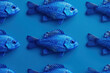 Underwater Lineup of Blue Fish on a Blue Background in a Symmetrical Formation, Ocean Life Concept