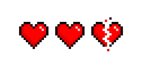 Poster - Vector pixel hearts with broken animation in retro 8-bit game style. Red pixel heart scale wasting lives in vintage video game. Brokern pixel heart