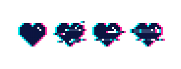 Poster - Vector pixel hearts with glitch animation in retro 8-bit game style. Pixel heart with VHS style glitch effect