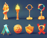 Fototapeta  - A collection of 3D Olympic sports icons from a glowing torch to gold medals with ribbons