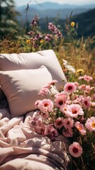 Canvas Print - A pink aesthetic picnic bedding with flowers