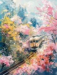 Wall Mural - The train runs through the cherry blossom forest