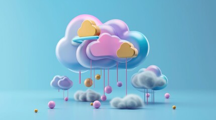 Poster - A set of 3D cloud computing icons including a floating cloud with data streams flowing around it