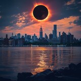 Fototapeta  - Lunar eclipse with the fiery crown of the sun enveloping the dark moon against the background of the starry sky.
Concept: space and astronomy, historical and significant astronomical events and decora