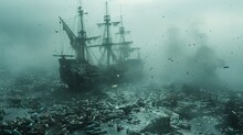 An Eerie Scene Of A Ghost Ship Made From Translucent Bottles, Sailing Through A Fog Of Pollution, With Trash Floating In The Air