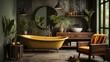Bathroom interior with yellow bathtub and wooden chair