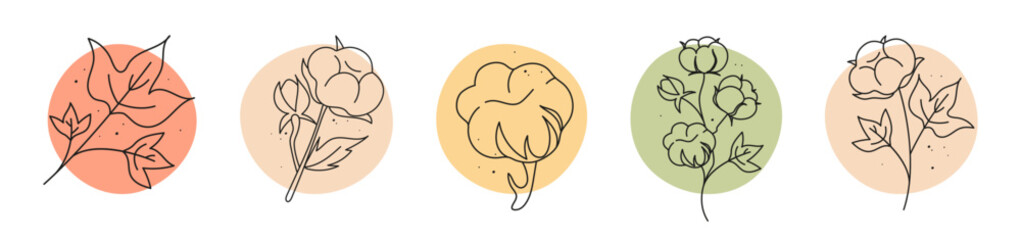 Set of five icon stickers with natural organic cotton drawn black line art for cosmetics. Flat doodle style. Vector illustration.