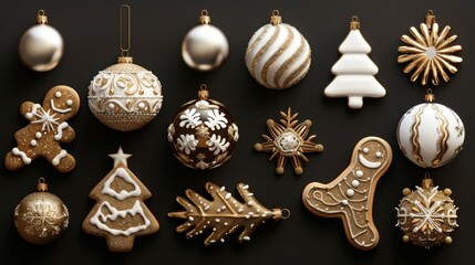 Wall Mural - Set of festive clip art elements on black background including white and gold Christmas ornaments. Gingerbread cookies.