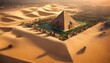 Desert Dreams: Aerial Vista of Oasis City and Pyramids at Sunset
