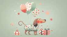 Party Celebration With Adorable Dachshund And Colorful Balloons Illustration