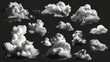 An abstract realistic clouds collection isolated on black background. Weather clip art, sky design elements set in 3D.