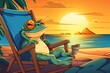 A frog is sitting on a beach chair enjoying the sunset
