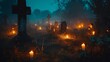 Eerie candles night scene in foggy cemetery - An atmospheric night scene in a cemetery with candles providing a haunting illumination through the dense fog