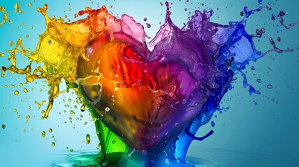 Wall Mural - Exploding heart with colorful splash on blue background - An artistic depiction of a heart bursting with colorful liquid splashes on a seamless blue backdrop