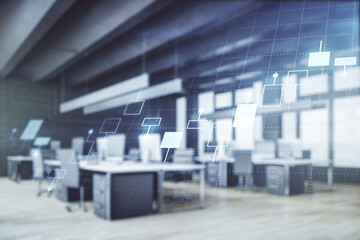 Poster - Multi exposure of virtual abstract financial diagram on a modern furnished office interior background, banking and accounting concept