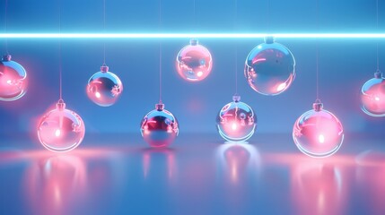 Wall Mural - A 3D render of festive clip art, Christmas ornaments illuminated with pink blue neon light. Assorted levitating objects are shown.