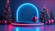The unlit stage is surrounded by Christmas ornaments and neon lights, isolated on a blue background.