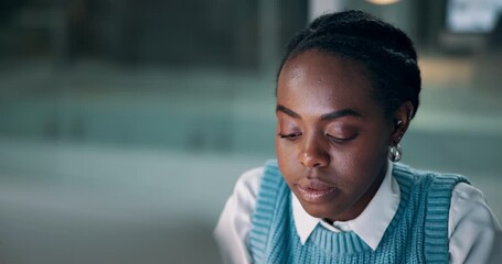 Poster - Night, office and black woman with computer for thinking, research or email, feedback or b2b communication. Working late, productivity and African entrepreneur with pc search, questions or solution
