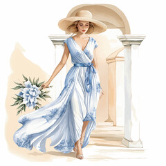 Wall Mural - Painting woman in a blue and white dress and a straw hat