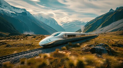 Aufkleber - Futuristic white high-speed train moving through mountain landscape. Generative AI.