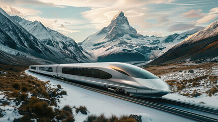 Aufkleber - Futuristic white high-speed train moving through mountain landscape. Generative AI.