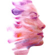 A woman's profile disappearing into a watercolor painting in paintography