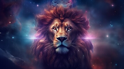 Wall Mural - illustration with zodiac sign lion in cosmic space. portrait of lion. generative ai.