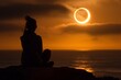 © Eugen - Woman sits on rock, watching eclipse over ocean as sunlight fades into afterglow. Generative AI