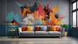 Modern interior design of living room with sofa and abstract painting on wall