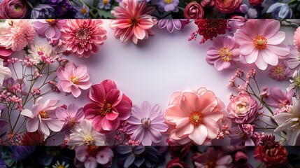 Poster - A lot of details of a white sheet of paper mockup lies in landscape format on a sea of pink, purple and red blossoms of beautiful flowers. Generative AI.
