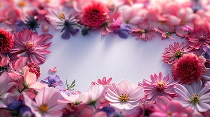 Poster - A lot of details of a white sheet of paper mockup lies in landscape format on a sea of pink, purple and red blossoms of beautiful flowers. Generative AI.