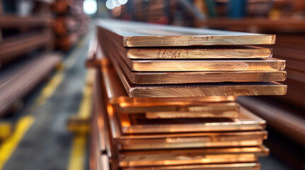 Poster - Copper flat bars, clean and polished, stacked in industrial warehouse. Generative AI.