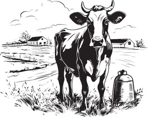 Meadow Magic Cow, Milk Can, and Grass Vector Design Verdant Valley Visions Vector Logo with Cow, Milk Can, and Scenic Grasslands