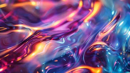 Vibrant holographic gradient with fluid wave texture showcases mesmerizing abstract light emitter made of glass