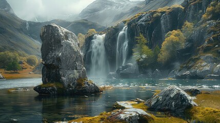 Poster - An ancient twisted ruinic standing stone at the base of a large cliff waterfall and pond. Generative AI.