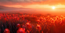 Martian Aloe Plants, Glowing Red Pods, Charming Bioluminescence, Landscape Of Mars Shining In The Misty Sunrise