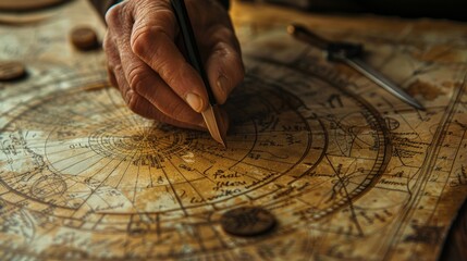 hand tracing ancient numerology patterns on parchment