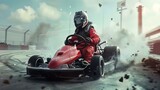 Fototapeta  - A go kart race goes awry when one kart loses control, spinning into the barriers with a dramatic thud