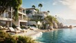 A photo of a coastal villa with a private beach accessories