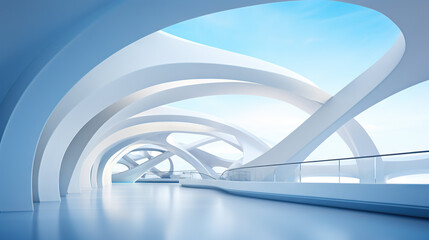 Poster - Abstract architecture scene with smooth curves. Abstract background with futuristic building in white and blue colors.