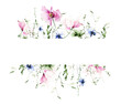 Watercolor floral border frame on white background. Pink, blue wild flowers, branches, leaves and twigs.