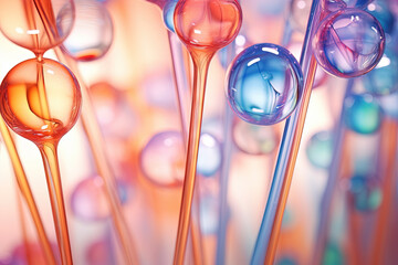 Poster - Pink holographic bubbles floating on the soft colorful abstract background in beautiful vivid tones.